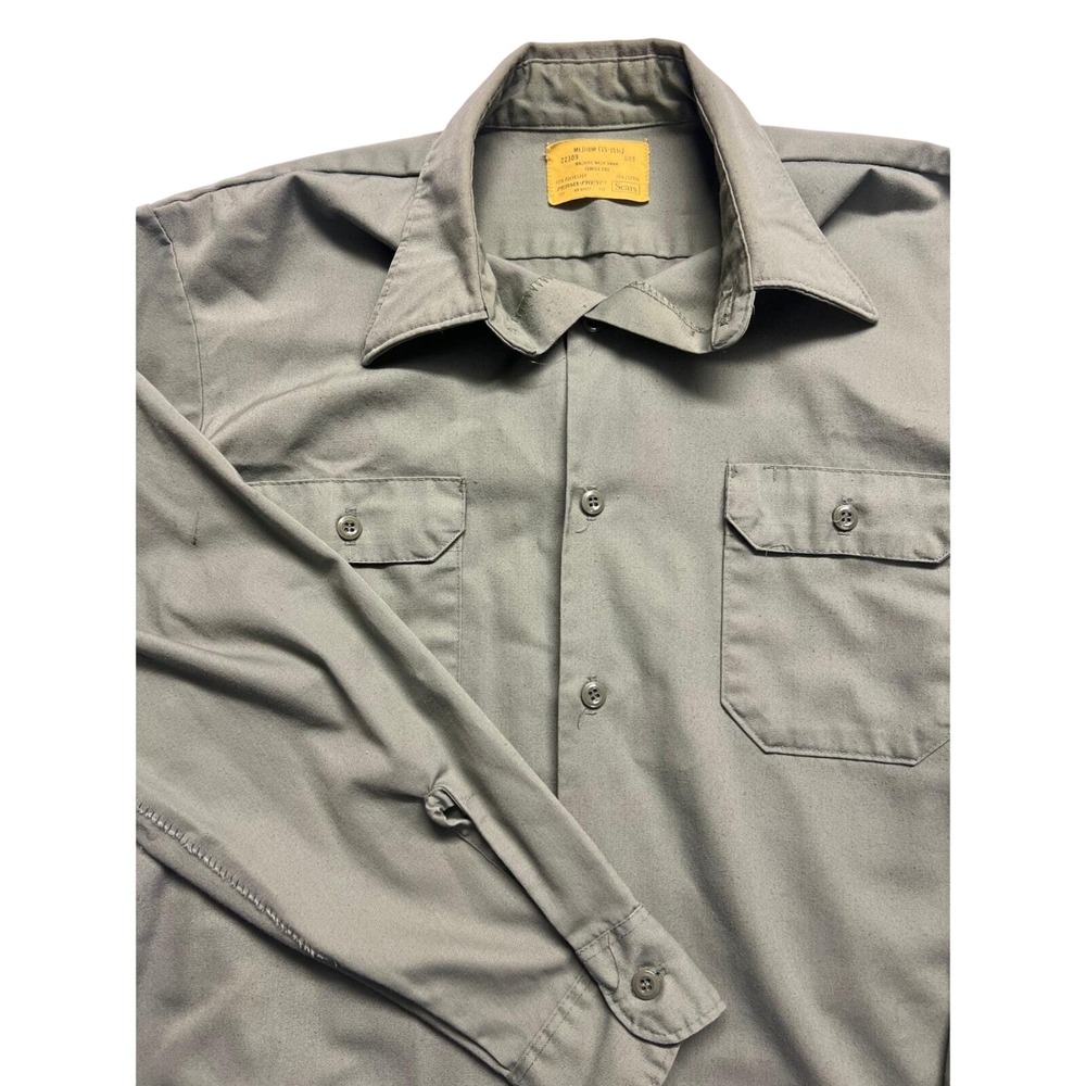 True Vintage Sears Perma-Prest Mens M Sage Green Work Shirt Long Sleeve